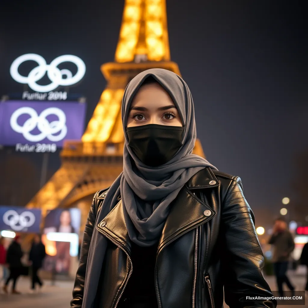 A biggest grey hijab Muslim girl, beautiful eyes, face mask black, black leather jacket, biggest longest skirt, standing near Eiffel Tower, theme Olympic logos, night scenery, hyper realistic, street photography.