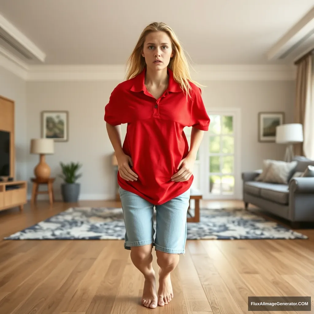 Front view of a blonde skinny woman who is in her early twenties in her massive living room, wearing a massively oversized red polo shirt that is quite off-balance on one shoulder and also untucked. She is wearing light blue denim shorts that reach her knees and is barefoot. She faces the camera looking worried and runs towards it with both arms straight down at her hips.