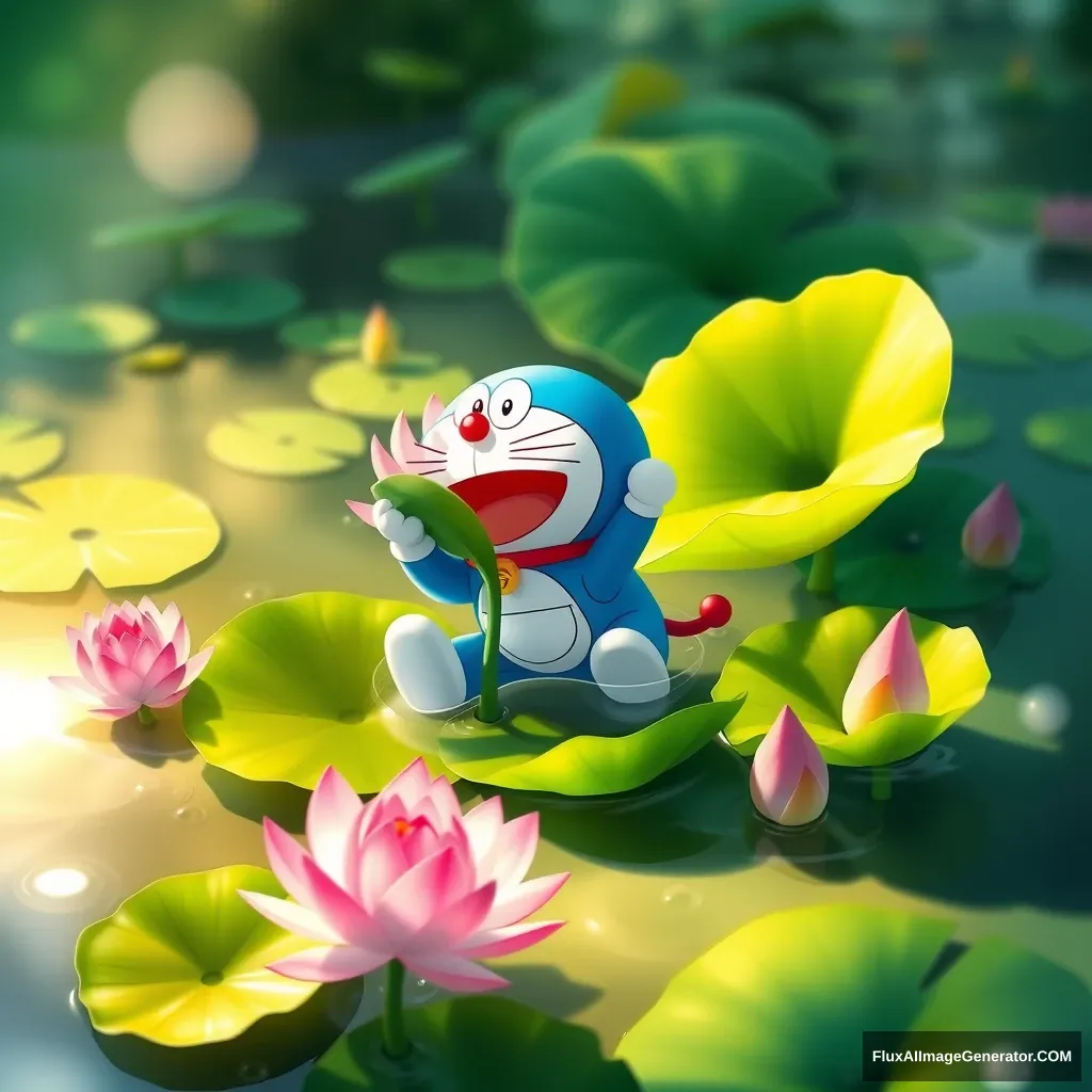 Create an enchanting image that features a vibrant lotus flower blooming in a serene pond. In the midst of this tranquil scene, include Doraemon, the beloved blue robotic cat, playfully interacting with the lotus. Show him perhaps holding a leaf, curiously examining the flower, or happily floating nearby, surrounded by lush greenery and soft, shimmering water. The overall atmosphere should be whimsical and peaceful, blending the beauty of nature with the charm of this iconic character.