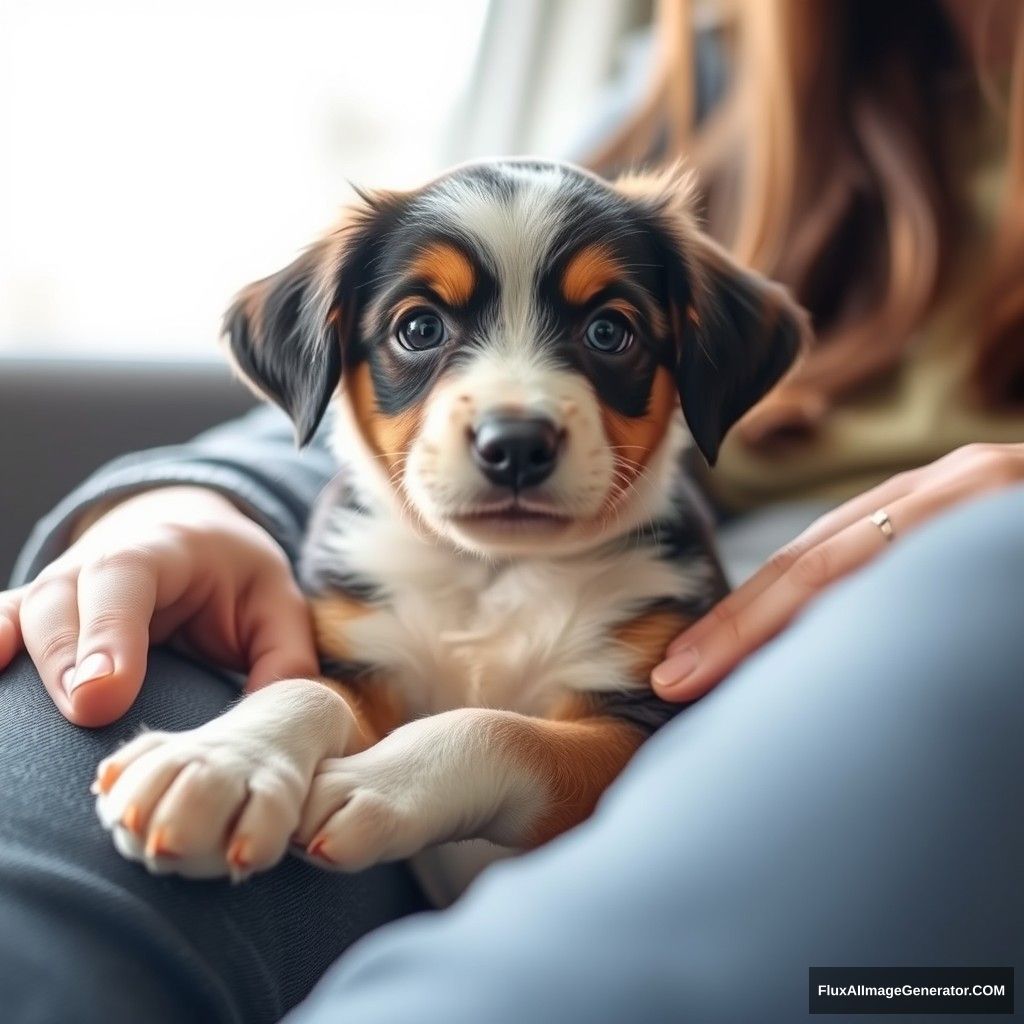 A puppy on a human's lap.