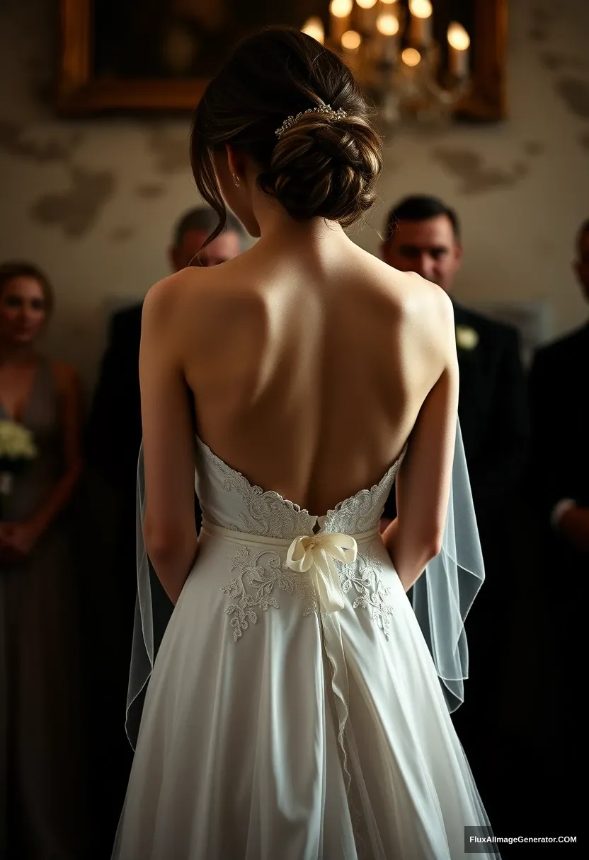 a young woman, sensitive, delicate, ashamed, backless strapless low-waisted wedding dress, in front of patriarchy