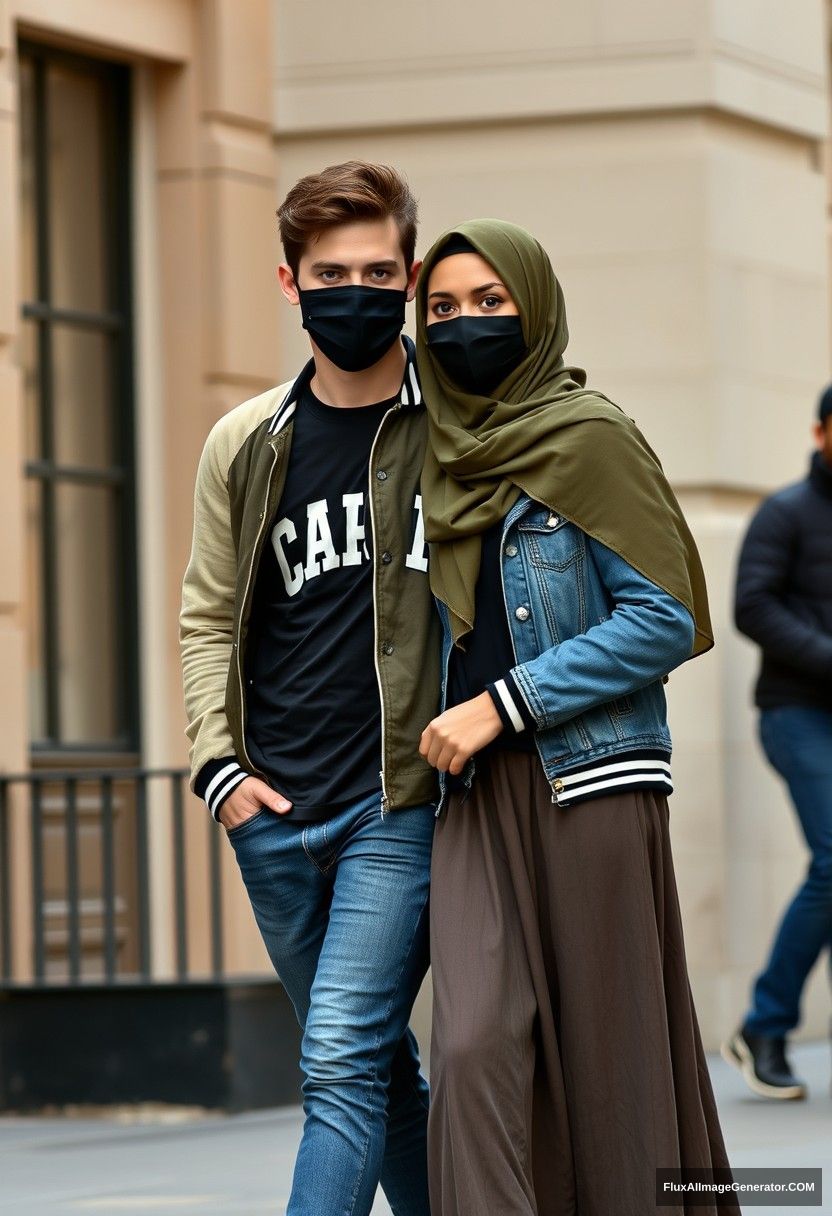 Jamie Dornan, young, black face mask, black T-shirt, capital A collage jacket, jeans, red sneakers, dating romantically with a beautiful Muslim girl in an army green hijab, beautiful eyes, black face mask, denim jacket, long skirt, not tall girl, photorealistic, street photography, full photography. - Image