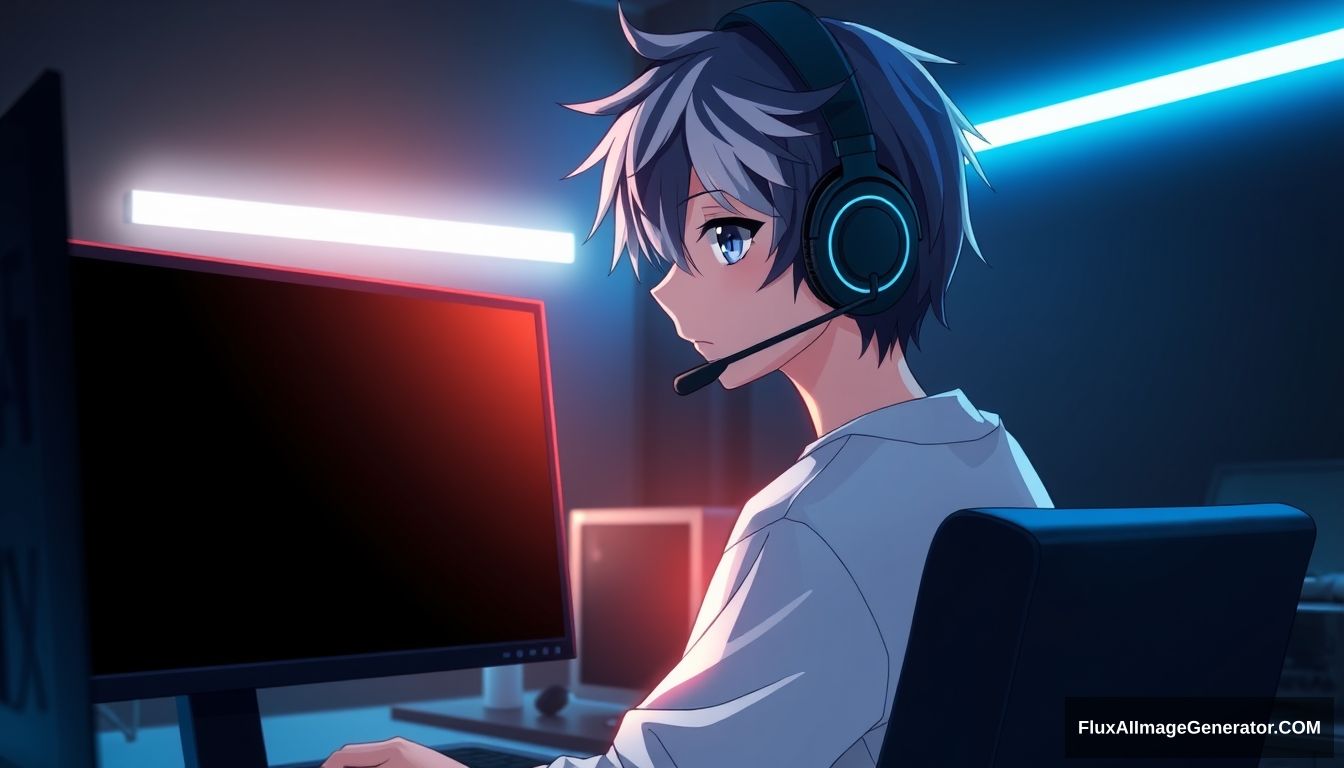 'an anime boy with black and white hair wearing headphones and a microphone, looking at his two monitors with black screens in his black room with white neon lights' - Image