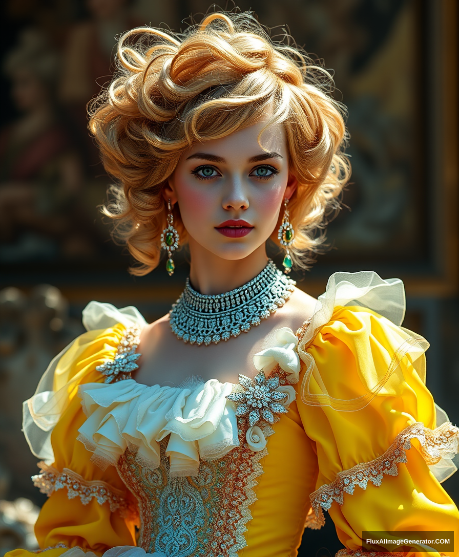 Full body fashion photo of the most beautiful young European girl, wearing a bright Rococo dress, Rococo wig, fine jewellery, posing for a photo, masterpiece, ultra high details, sunshine. - Image