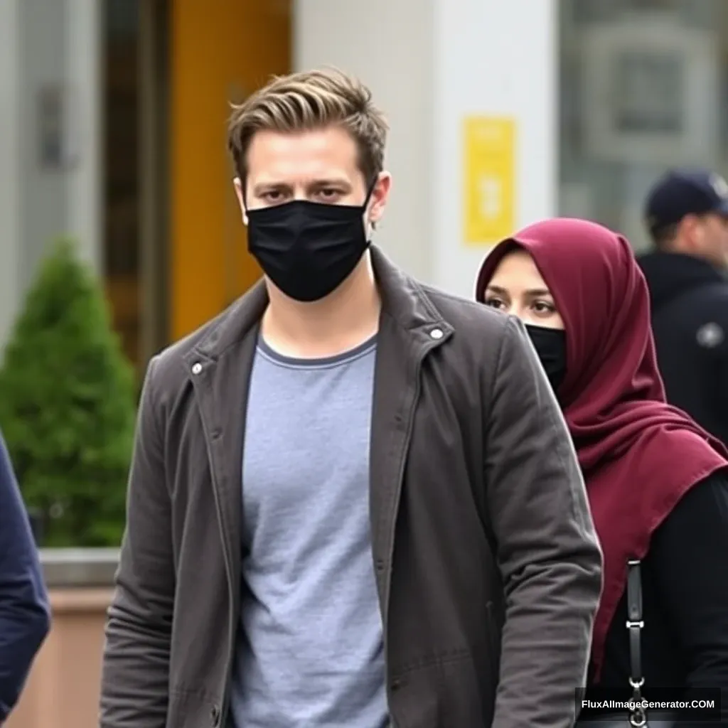 Jamie Dornan, wearing a black face mask, walking in town with a girl wearing a large maroon hijab.