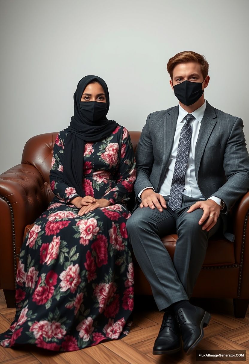 A biggest black hijab girl, slim girl, beautiful eyes, face mask black, biggest floral longest dress, sitting on leather single wing sofa,

Jamie Dornan, youngest, grey suit coat, grey pattern tie, black leather sneaker, tall man, face mask black, fit body, sitting near her,

hyper realistic, studio photography. - Image