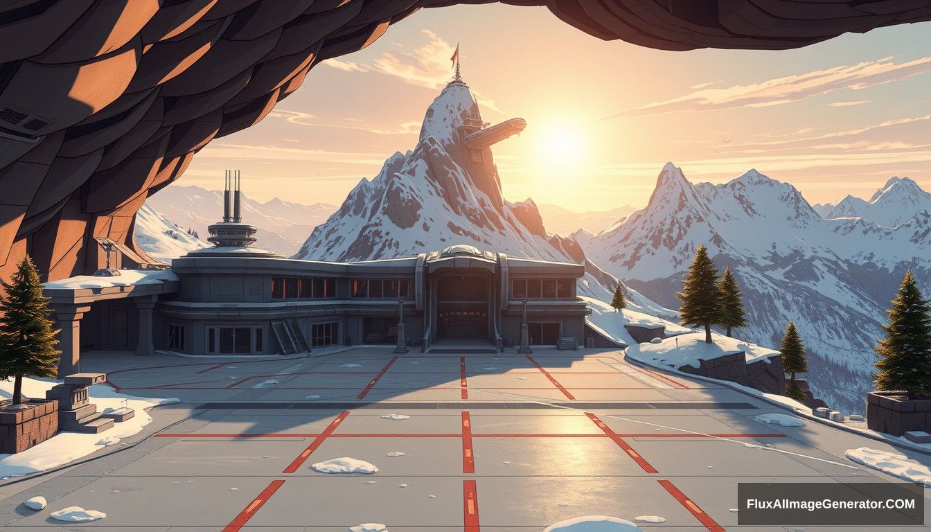 cel shaded art, wide shot, a sci-fi center on the top of a snow mountain, open air, close look, cyberpunk, military base, Star Wars style, indoor, patio, morning, sunlight, fortress, mountain, rock, snow, tarmac, parking apron, cave, tree, landing field, cliff.