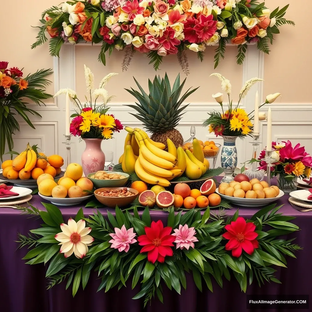 "A festively set table with floral decorations and an abundant amount of exotic fruits."