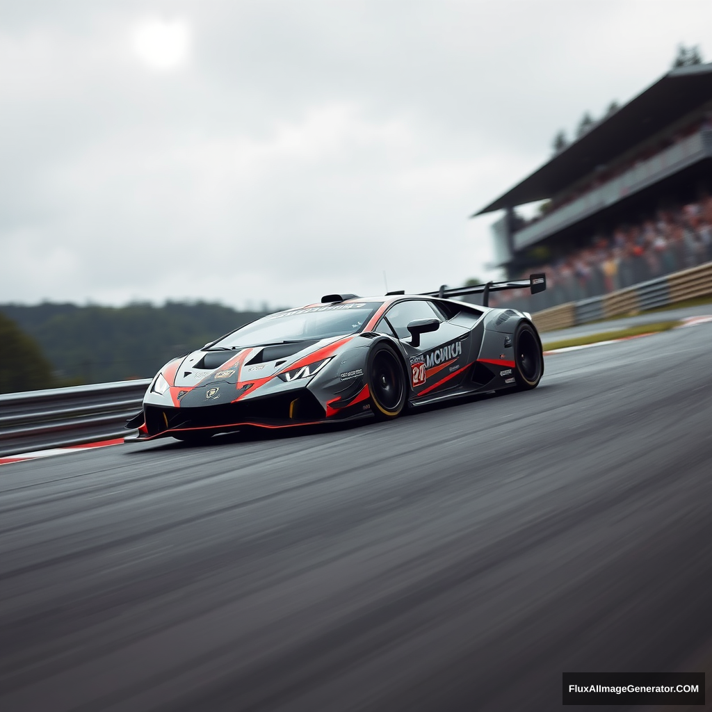 Lamborghini Super Trofeo, with a grey, red, black livery going up the Eau Rouge, at Spa-Francorchamps. - Image