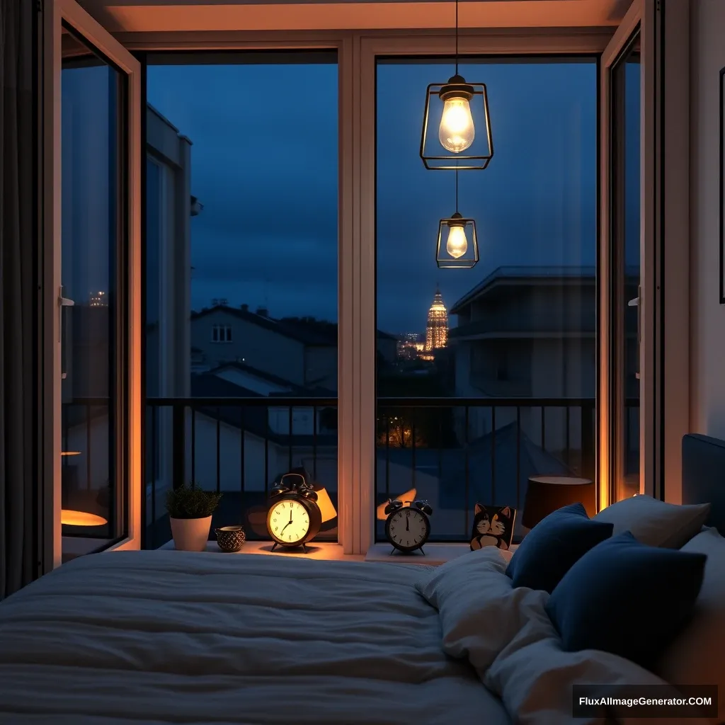 Glass window, modern bedroom apartment in France, lantern lighting, night scenery, 2:00 AM on a small clock on a small desk behind the bed, hyper-realistic, photorealistic. - Image