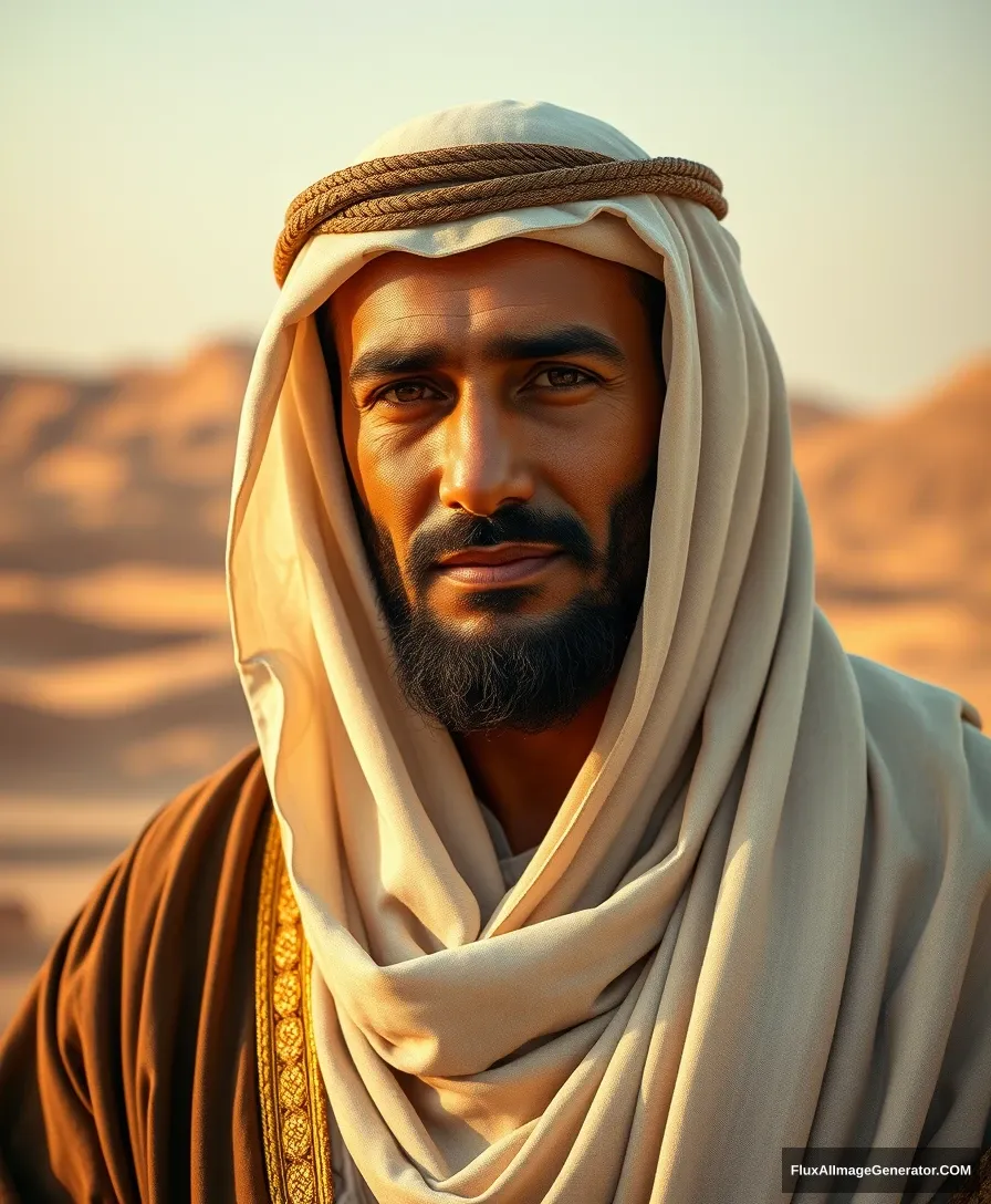 "Portrait of Tamim ad-Dari, an Arab man from the Lakhm tribe, dressed in traditional desert robes of the early 7th century, with a serene and wise expression, set against a backdrop of a Middle Eastern desert landscape. Ultra HD, realistic, cinematic lighting." - Image