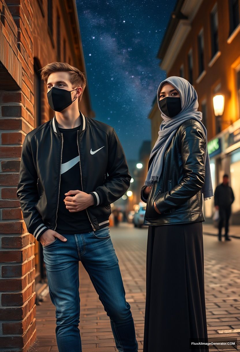 Jamie Dornan, youngest, black face mask, collage jacket, Nike t-shirt, jeans, tall man, fit body,

Dating, love with the biggest grey hijab Muslim girl, beautiful eyes, black face mask, leather jacket, biggest longest skirt, slim not tall girl, holding his arm

standing at a brick wall, in town, night scenery, Milky Way, hyper-realistic, photorealistic, street photography. - Image