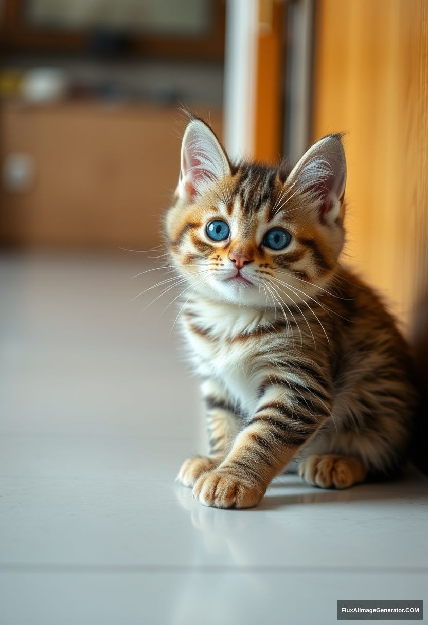 A British Shorthair kitten on the floor, looking towards the camera, panoramic view, light tracing, global lighting effects, 2k.