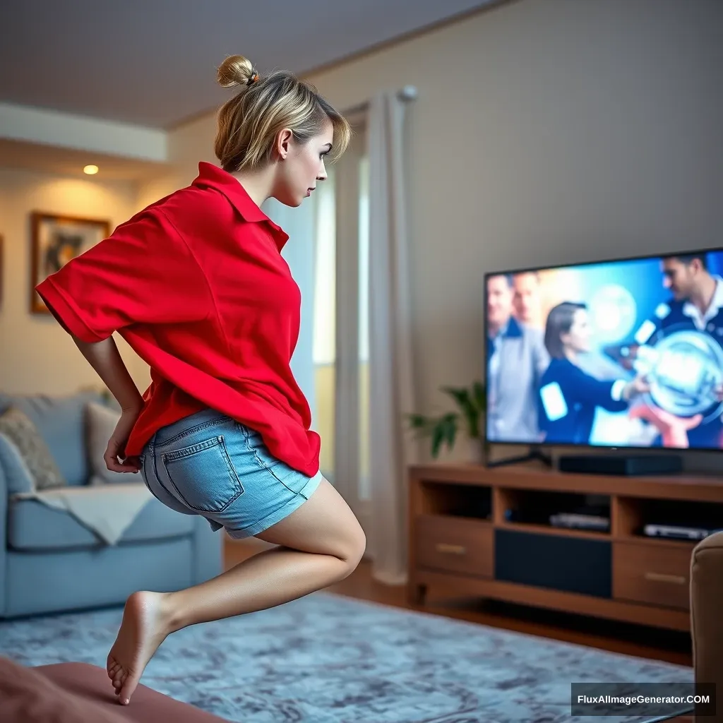 A side view of a young, skinny blonde woman in her early twenties is in her huge living room, wearing a massively oversized red polo T-shirt that is very off balance on one shoulder. The bottom part of her T-shirt is tucked in, and she is also wearing light blue denim shorts, with no shoes or socks. She is facing her TV with a shocked expression and is diving into the magical TV head first.