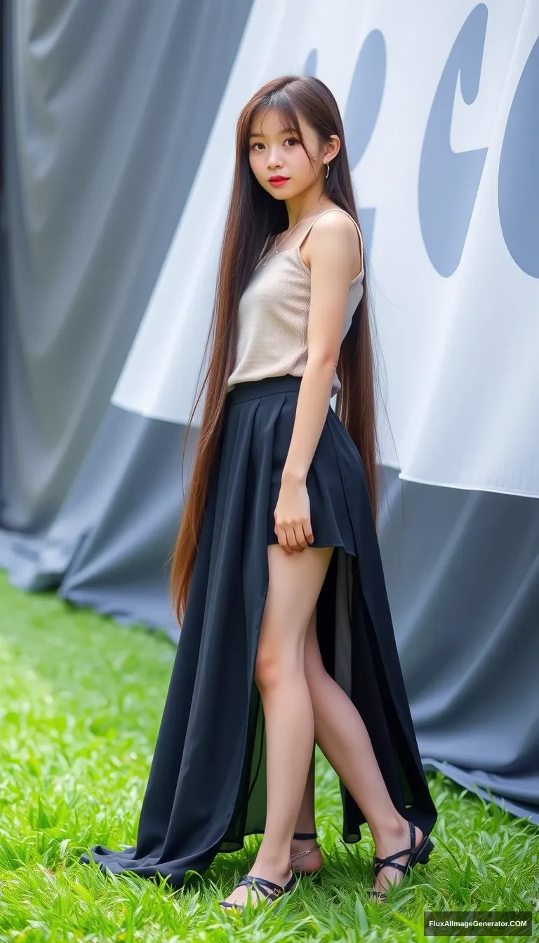 Photography style, an Asian girl, long hair, long legs, short skirt, sleeveless outfit, standing on the grass.