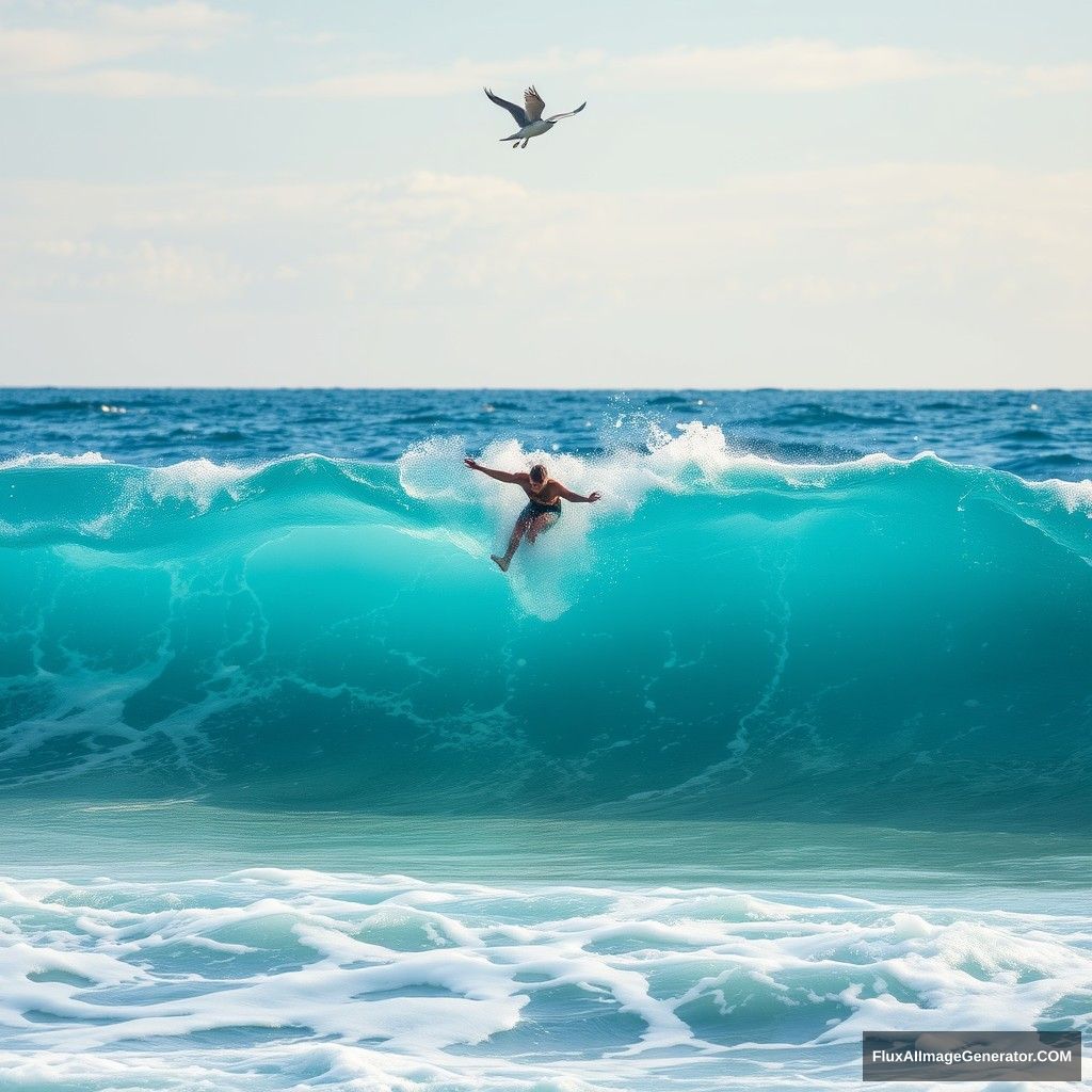 "The azure waves, a person soaring among the waves, a person with wings." - Image