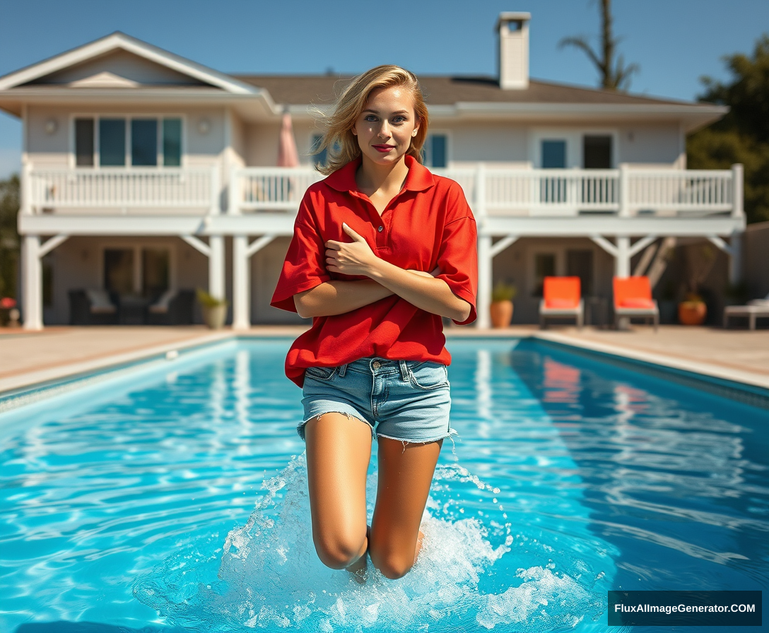 Front view of a young blonde skinny woman who has a good tan is in her early twenties in her massive backyard wearing a massively oversized red polo t-shirt which is a bit off balance on one of the shoulders and the bottom part of her t-shirt isn't tucked in but it's also not that long. She is also wearing M-sized light blue denim shorts and she is wearing no shoes or socks. She jumps into the pool with her arms on her chest and a big splash from her legs going underwater.