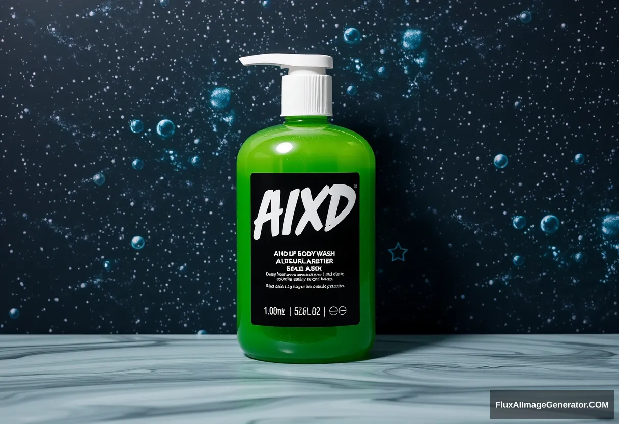 LUSH AIXD body wash, green, space background