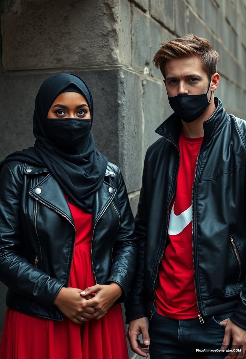 A big black hijab girl with beautiful eyes, wearing a black face mask and a black leather jacket, and the longest red dress, short in stature.

Jamie Dornan, handsome, wearing a black face mask, with a fit and tough body, in a red Nike t-shirt, black leather jacket, and jeans, a tall man.

Standing together near a wall,
Hyper-realistic, photorealistic, street photography, at Victoria's abandoned castle, gloomy, dark. - Image