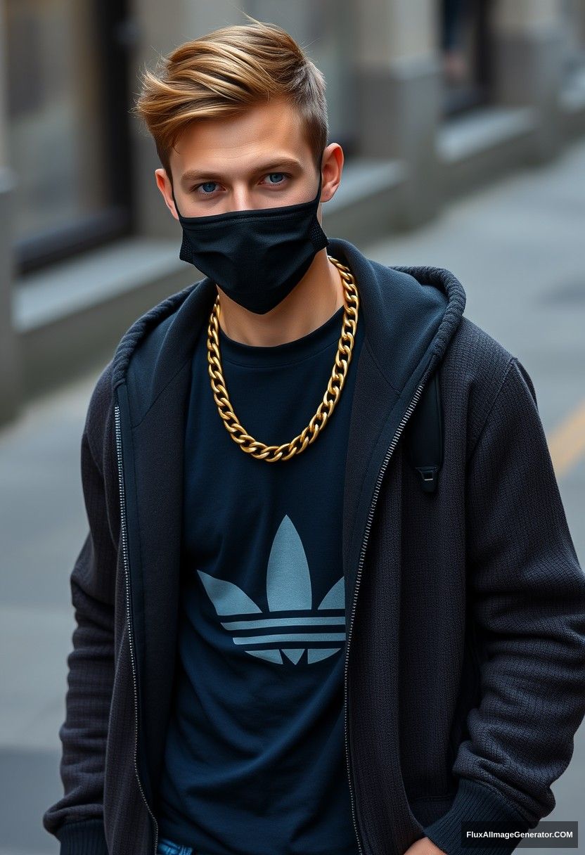 Jamie Dornan, youngest, blue eyes, wearing a silver army chain, black face mask, dark blue Adidas T-shirt, sweater jacket, jeans, black sneakers, fit body, photorealistic, street photography. - Image