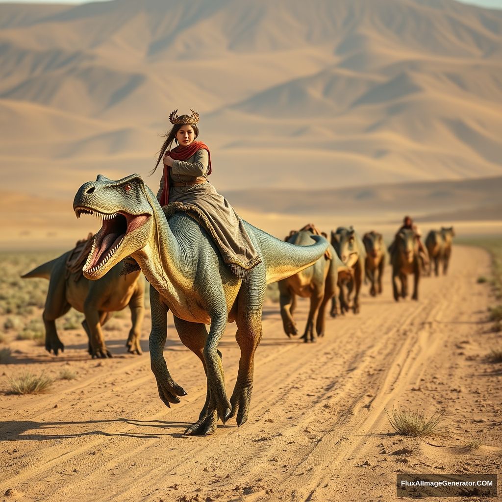 ancient Mongolian caravan of Velociraptor walking through the Mongolian Gobi Desert, ahead of the caravan is a young Mongolian Queen woman riding a Dinosaur T-rex, location Mongolia, realistic photo, 4K. - Image