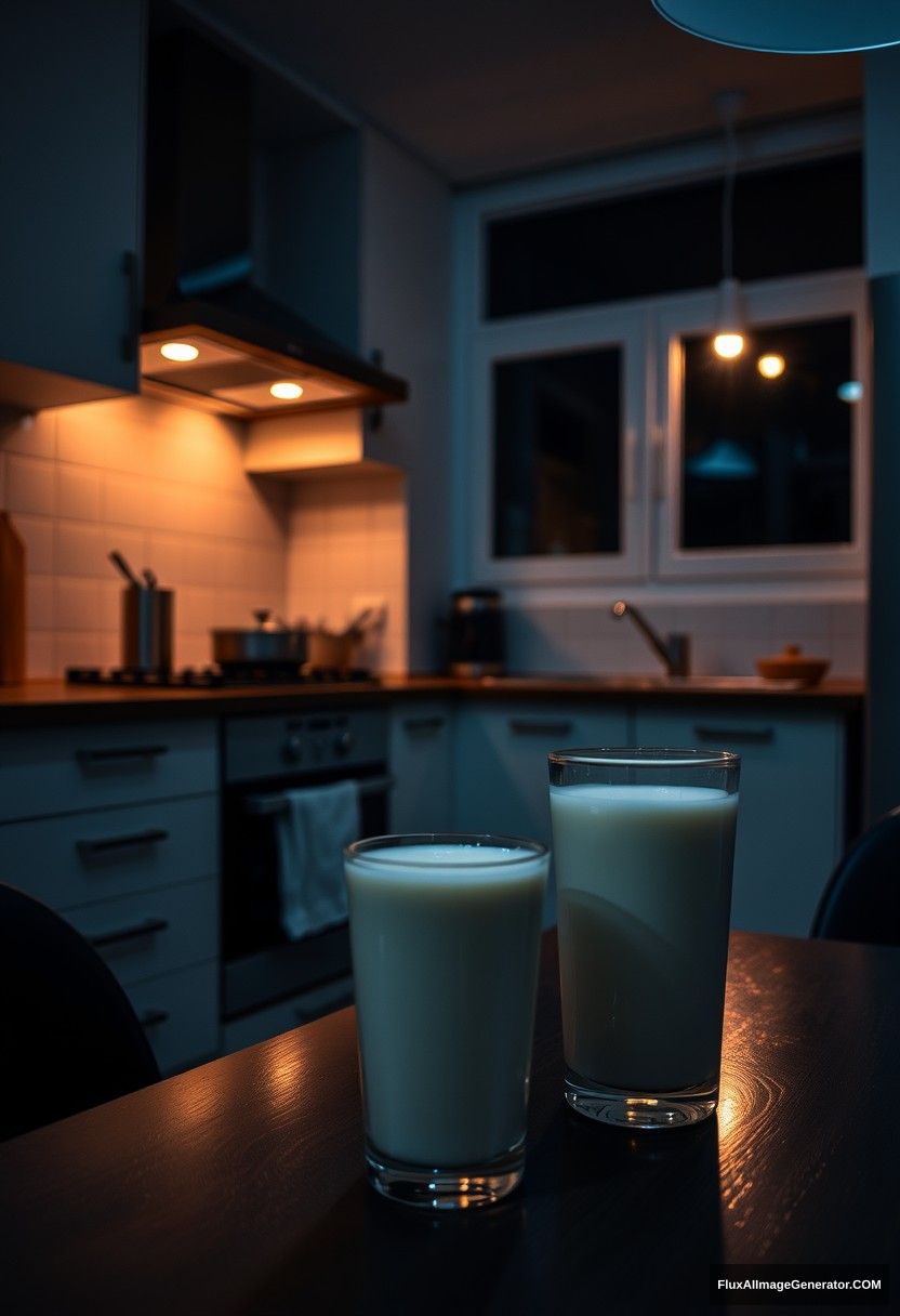 At a modern kitchen, at midnight, gloomy lighting, fresh milk in a glass on a table.