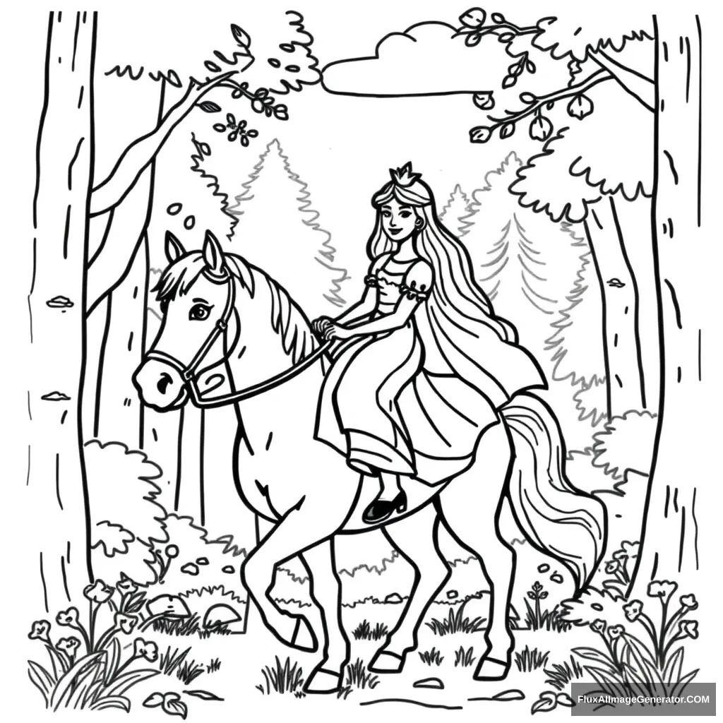 a simplistic coloring page of a princess riding a horse in the woods