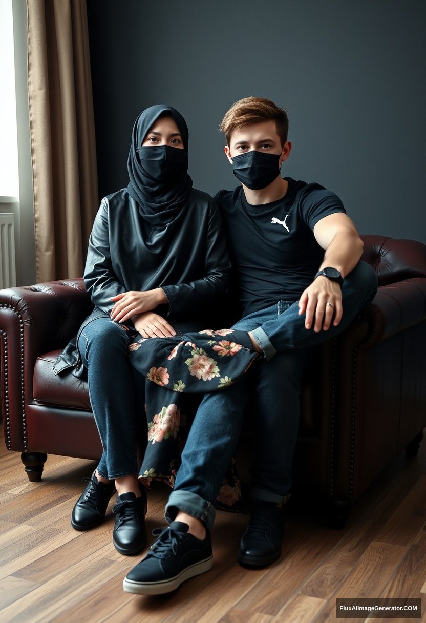 A biggest black hijab girl, slim girl, beautiful eyes, face mask black, black leather jacket, biggest floral long dress, black leather sneaker, sitting on leather single wing sofa, Jamie Dornan, youngest, puma black T-shirt, jeans, black leather sneaker, tall man, face mask black, fit body, sitting near her, hyper realistic, studio photography.