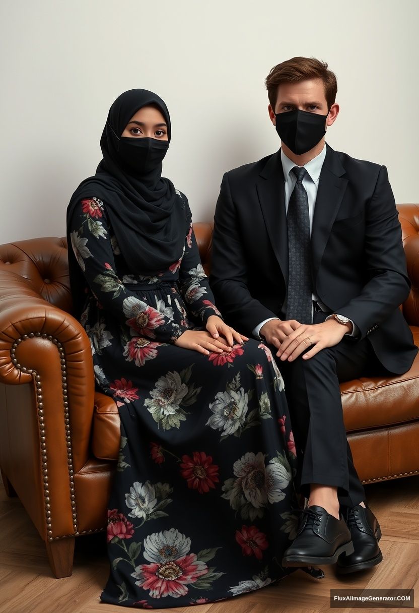 A biggest black hijab girl, slim girl, beautiful eyes, face mask black, biggest floral longest dress, sitting on leather single wing sofa, 

Jamie Dornan, youngest, black suit coat, grey pattern tie, black leather sneaker, tall man, face mask black, fit body, sitting near her, 

hyper realistic, studio photography.