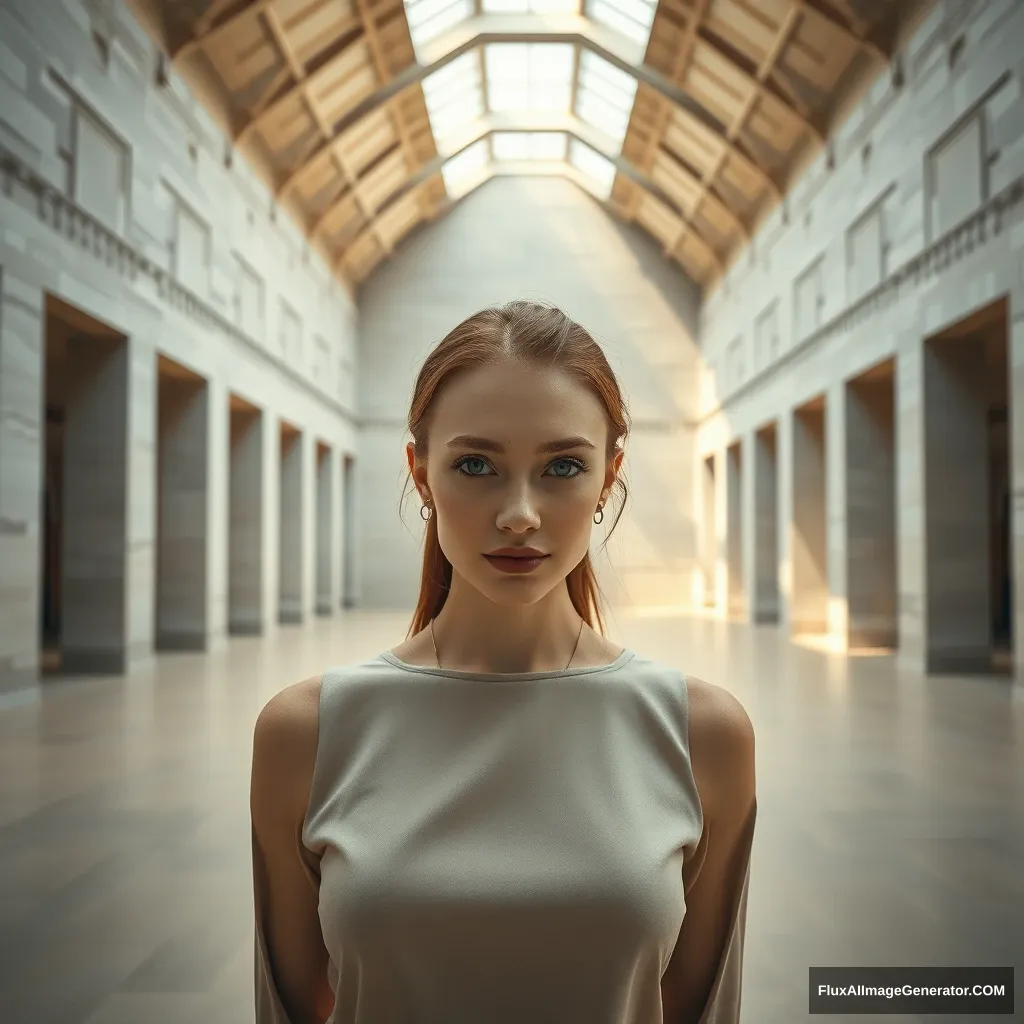 Style by Ren Hang, depth of fields, (sharp focus: 1.15), a huge space with falling light, a museum, Peter Zumthor style, real, huge empty space, white stone, strong light contrast, symmetric composition, most beautiful museum in the world, 4k stone texture, facial freckles, HD wallpaper, natural color skin, trending on ArtStation, highly detailed professional model pose, redhead, sunlight, mellow background, huge empty high space, the most beautifully proportioned European woman in the world, lobby, wide angle, roof window light. - Image