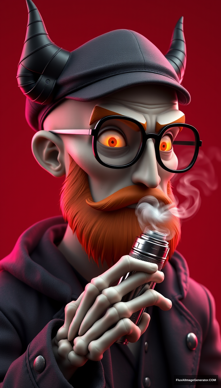 Three-quarter view of a sinister, bald cartoon human male with subtle necromancer features. Demonic obsidian horns contrast with a short, fiery ginger beard. Weathered flat cap and aviator glasses, hellfire glowing eyes. Skeletal fingers clutch chrome vape mod, exhaling dense, swirling vapor clouds. 3D rendered. - Image