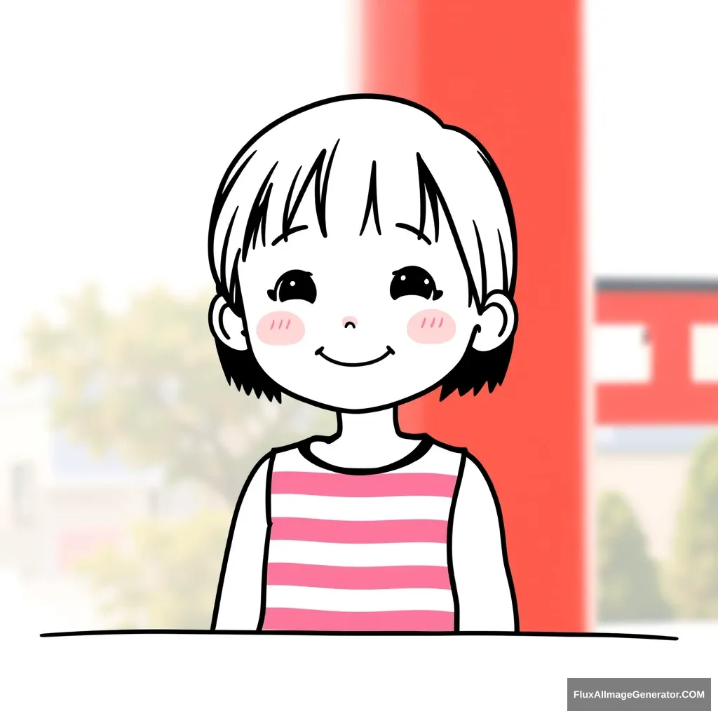 In the center of the image is a simple line-drawn representation of an Asian little girl. Her hair is depicted with a few bold black lines, short and straight, giving her a very cute appearance. Her eyes are represented by two large circles, with two small black dots inside as pupils, making her look bright and innocent.

The little girl is wearing a top with alternating pink and white horizontal stripes, outlined with simple straight and curved lines; the sleeveless design makes her arms appear more delicate.

Her body is slightly tilted, as if she is peeking out from somewhere. Behind her, a red column can be vaguely seen, simplified into a rectangular shape, with a few straight lines indicating the texture of the column.

The little girl's face is beaming with a smile, the corners of her mouth slightly turned up, giving a warm and happy feeling.

The background can be further simplified, using a few light-colored lines to outline the blurred scenery in the distance, such as trees, buildings, or the silhouette of the sky, to emphasize the little girl as the main focus of the image.

The entire picture consists of clean and bright lines and colors, creating a relaxed and joyful atmosphere, allowing one to instantly sense the little girl's innocence and lively charm.