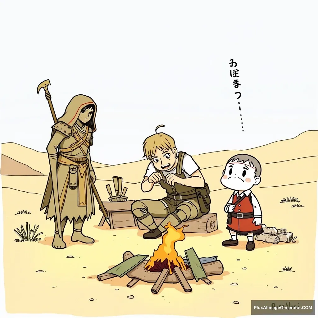 "Please draw a very detailed description of a photo where on the left there is a magic warrior, in the middle a carpenter making something, and on the right a Japanese cartoon character looking at them with disdain, all camping in a desert." - Image