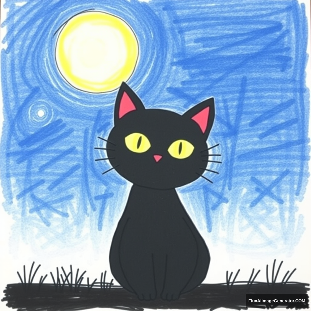 Draw a black cat under the night sky, but with bright eyes. - Image