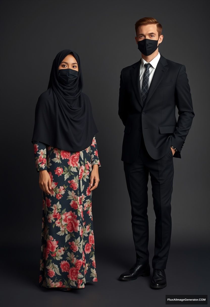 A biggest black hijab girl, slim girl, beautiful eyes, face mask black, biggest floral longest dress, standing

Jamie Dornan, youngest, black suit coat, white shirt, grey pattern tie, black leather sneaker, tall man, face mask black, fit tough body, standing near her,

hyper realistic, studio photography. - Image