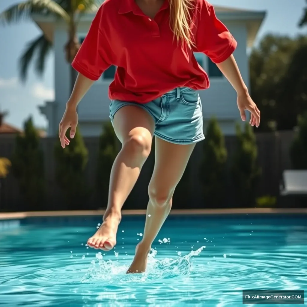 Front view of a young blonde skinny woman with a good tan, in her early twenties, in her huge backyard. She is wearing a massively oversized red polo t-shirt, which is a bit off balance on one of the shoulders. The collar and the bottom part of her t-shirt are not tucked in. She is also wearing large light blue denim shorts and no shoes or socks. She jumps into the pool, her legs go into the water, making a little splash.