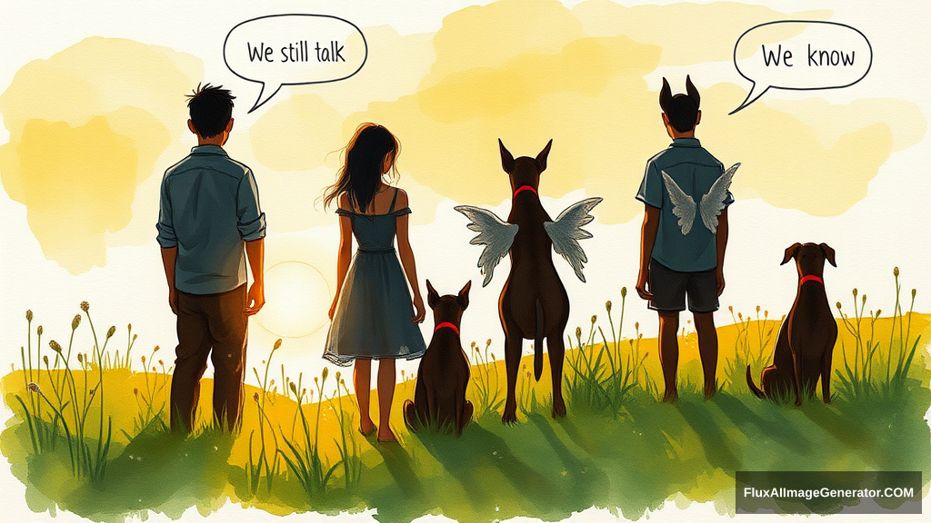 Messy, expressive watercolor illustration: 4 silhouetted figures—2 male, 2 female—stand in a lush meadow at golden hour. 3 ethereal, winged dobermans sit beside them. Facing away from the viewer. Speech bubbles float above: "We still talk about you" (human), "We know" (dog). Nostalgic atmosphere, loose brushstrokes convey wistful longing. - Image