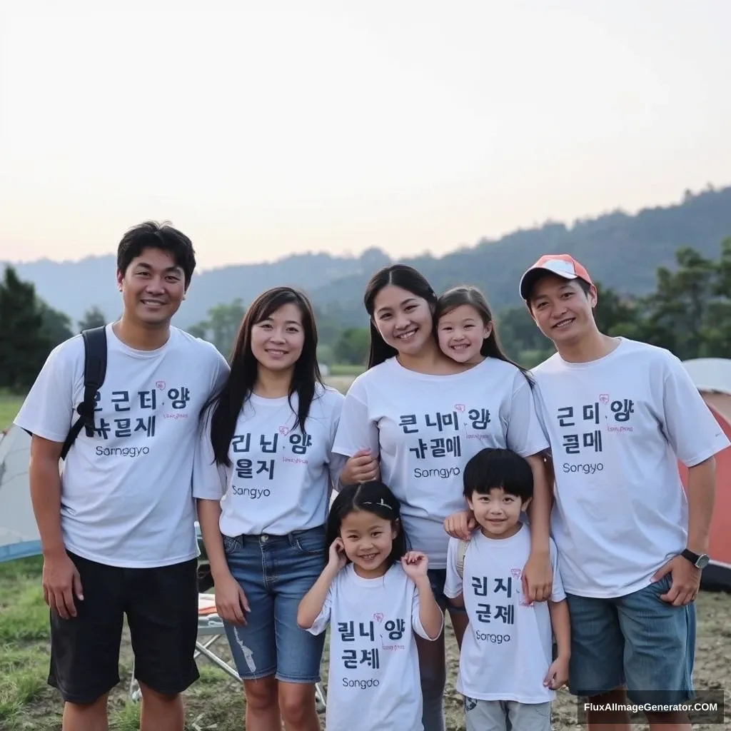 Three families happily camping while wearing white short-sleeved Korean t-shirts from Gumi, Pangyo, and Songdo. Gumi has 4 members (1 dad, 1 mom, 2 elementary school girls), Songdo has 3 members (1 dad, 1 mom, 1 elementary school girl), and Pangyo has 4 members (1 dad, 1 mom, 1 elementary school girl, and 1 preschool-aged boy).