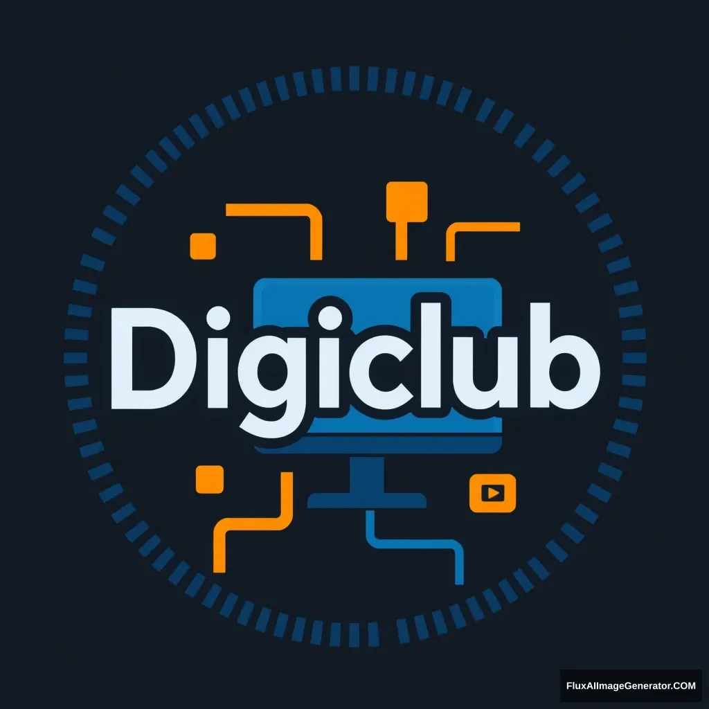 Create a classic, clunky logo for Digiclub, a YouTube channel focused on digital marketing and SEO. The logo should: - Incorporate a combination of digital and marketing elements (e.g., pixels, screens, charts, or graphs) - Feature a bold, dark color scheme (e.g., blues, oranges, or yellows) - Include the channel name 'Digiclub' in a clean, sans-serif font - Be scalable for various formats (e.g., YouTube thumbnails, social media profiles, and website headers) - Convey a sense of innovation, amateur, and isolation. Design a logo that appeals to digital marketers, entrepreneurs, and anyone interested in growing their online presence.