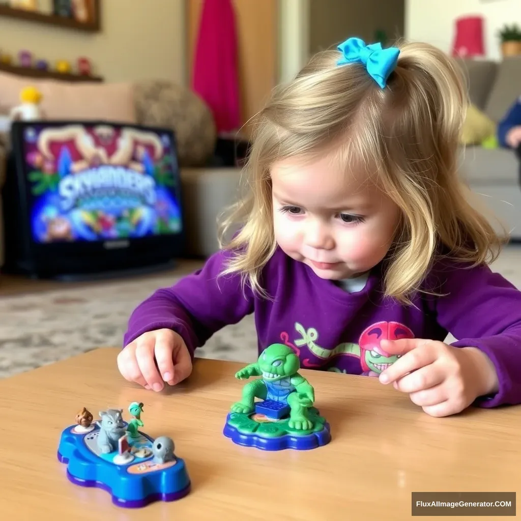 A little girl is playing the Skylanders game. - Image