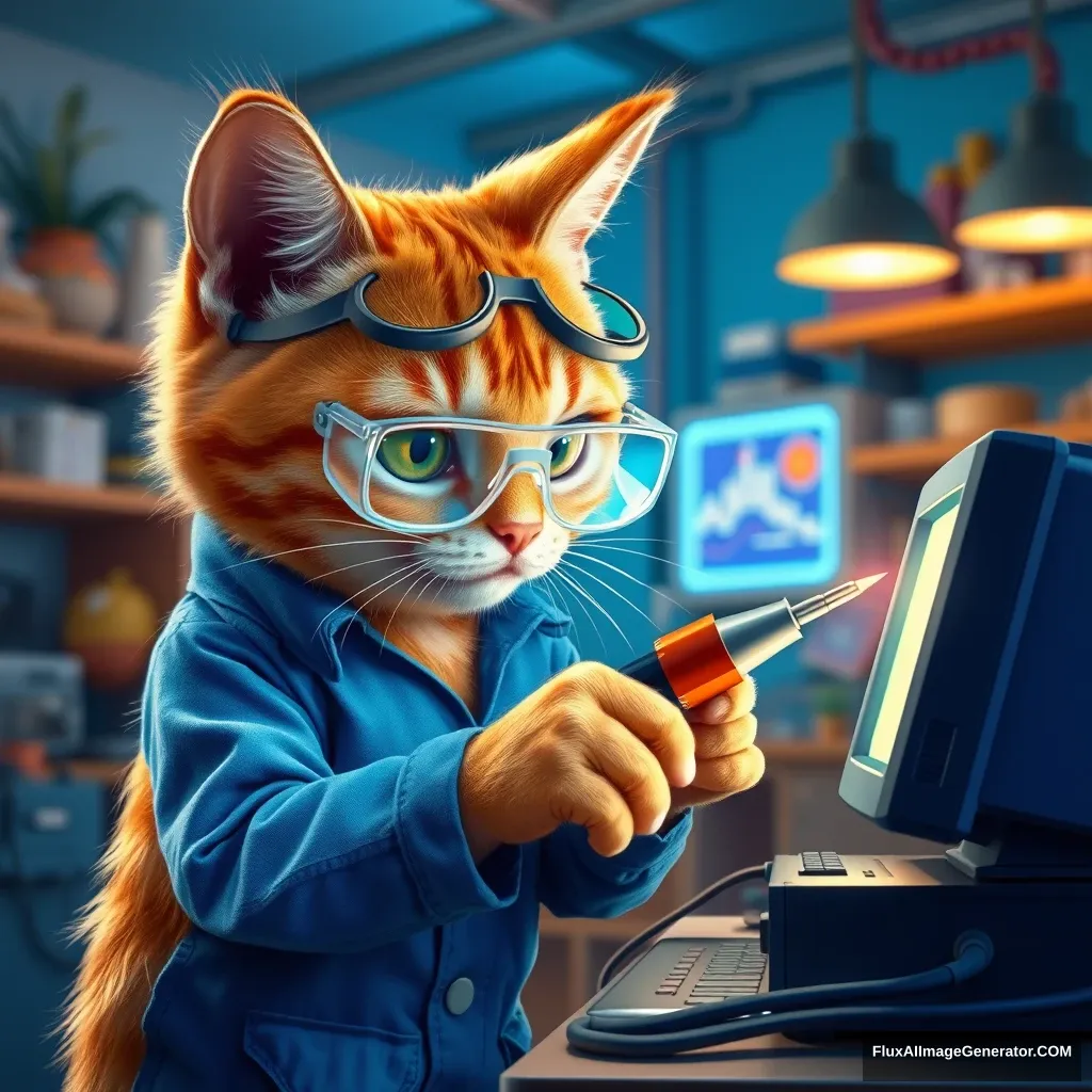 A mischievous orange tabby cat, wearing tiny safety goggles and a blue Pixar-style mechanic's uniform, meticulously wields a comically oversized soldering iron. The cat's determined expression and arched eyebrows convey intense focus as it repairs a futuristic, glowing computer in a whimsical, brightly-lit workshop. - Image