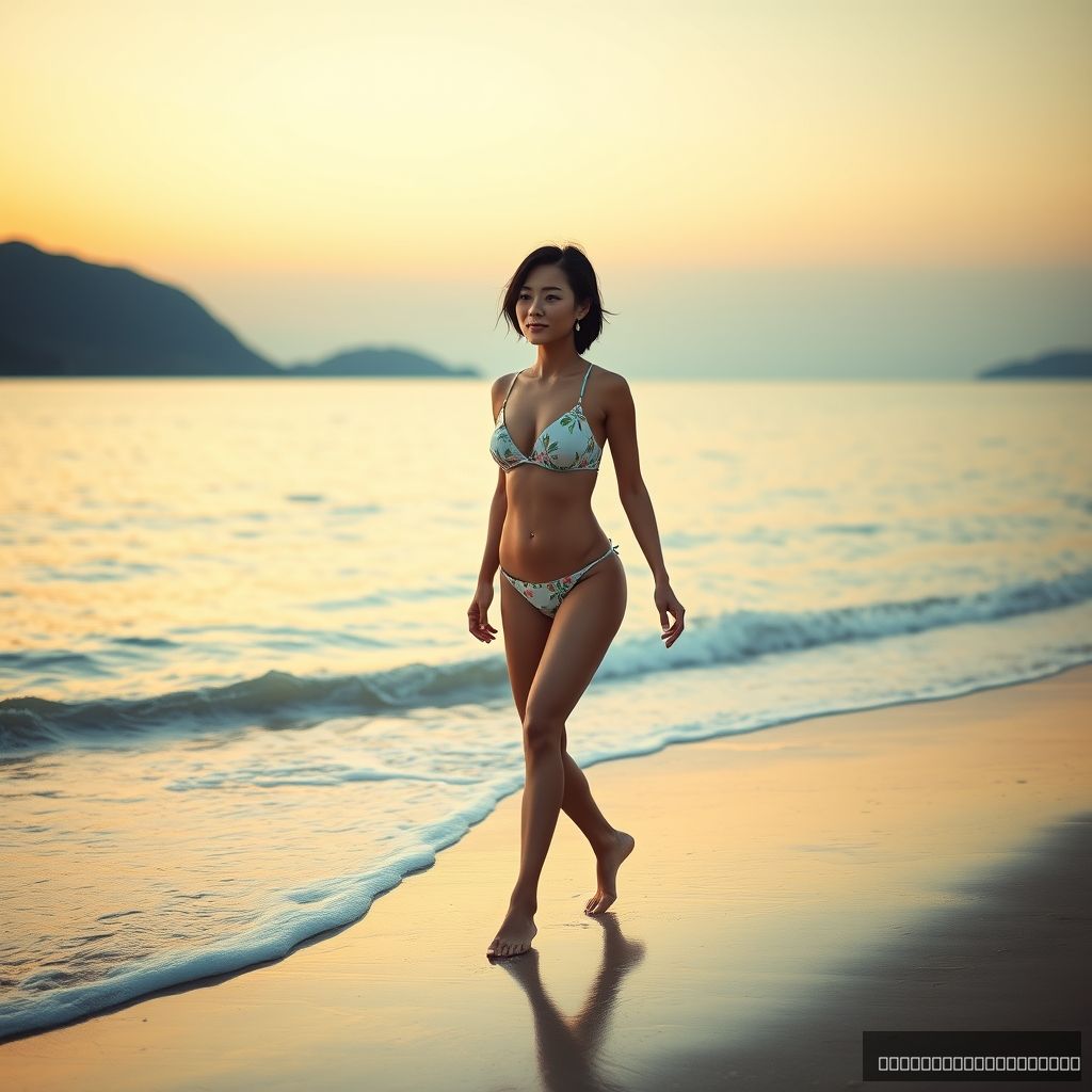 A woman in a swimsuit walking by the sea, beach, dusk, Chinese.