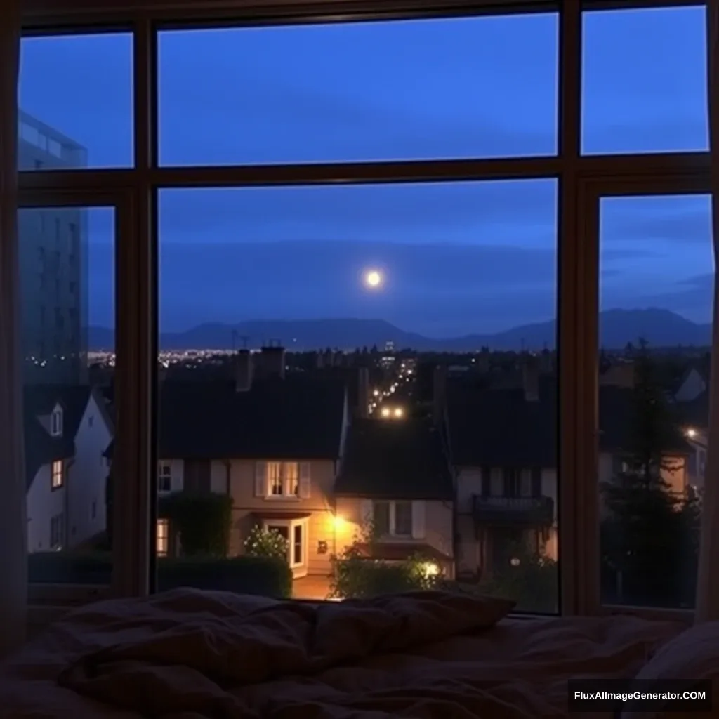 Big glass window, bedroom scenery, midnight at French neighbors.