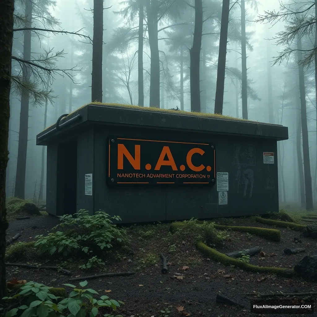 abandoned military bunker with black and orange sign N.A.C. "Nanotech Advancement Corporation" in the forest, in the fog - Image