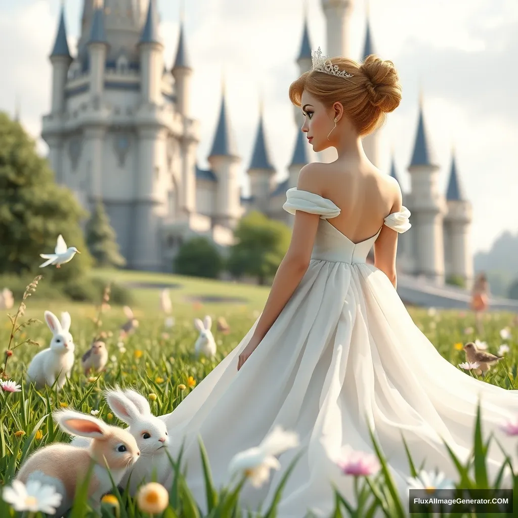 A princess in a white chiffon dress, looking ahead in the grass in front of the castle, with cute furry bunnies, birds, flowers, a magical world, Disney style, 3D rendering, natural light, high-definition picture quality, 8k, - niji 6.