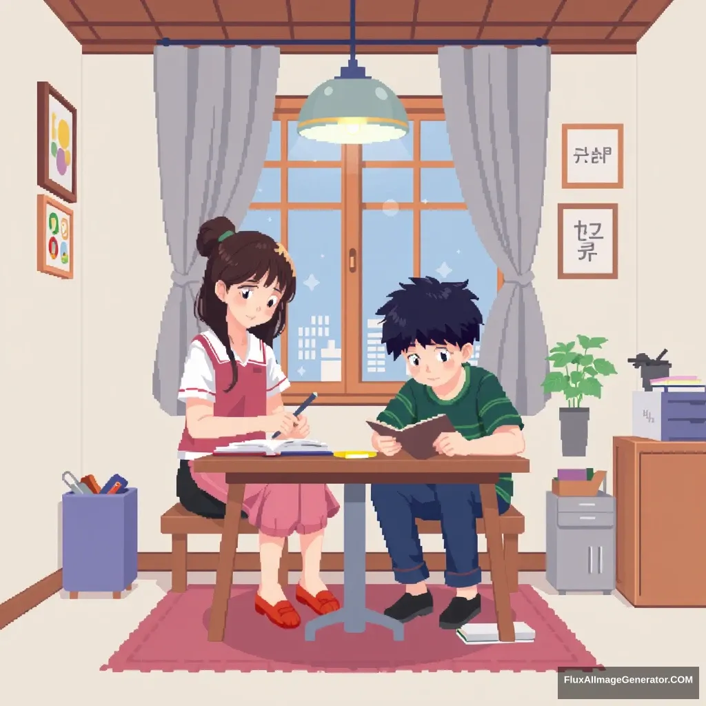 Pixel art of a teenage girl and boy in a room in Korea doing homework. - Image