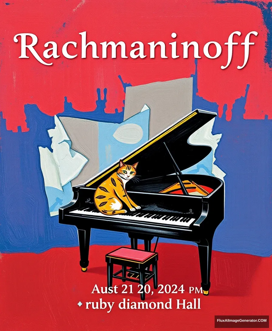 Title: “Rachmaninoff” displayed at the top center

include the following texts on the bottom of the poster:
“August 20, 2024”    
“7:00 PM”    
“ruby diamond Hall”    

Visual Elements: A grand piano centered at the bottom of the poster with a cat playing piano in a Matisse style.