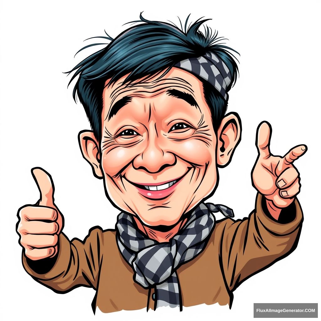 Create a highly detailed, colored sketch-style caricature of a middle-aged Vietnamese man with short, dark hair and a weathered face. The man should have a cheerful expression, with one hand raised in a thumbs-up gesture and the other hand gesturing outward. He is wearing a traditional brown áo bà ba and a black and white checkered scarf tied around his forehead. The style should combine cartoon-like exaggeration with the texture and vibrancy of a colored sketch, set against a plain white background, with no text or watermark.