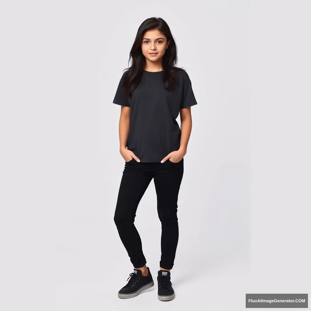 Beautiful teenage woman with dark hair and dark eyes, wearing a simple black t-shirt, black jeans, and black styled sneakers; professional photo, full length.