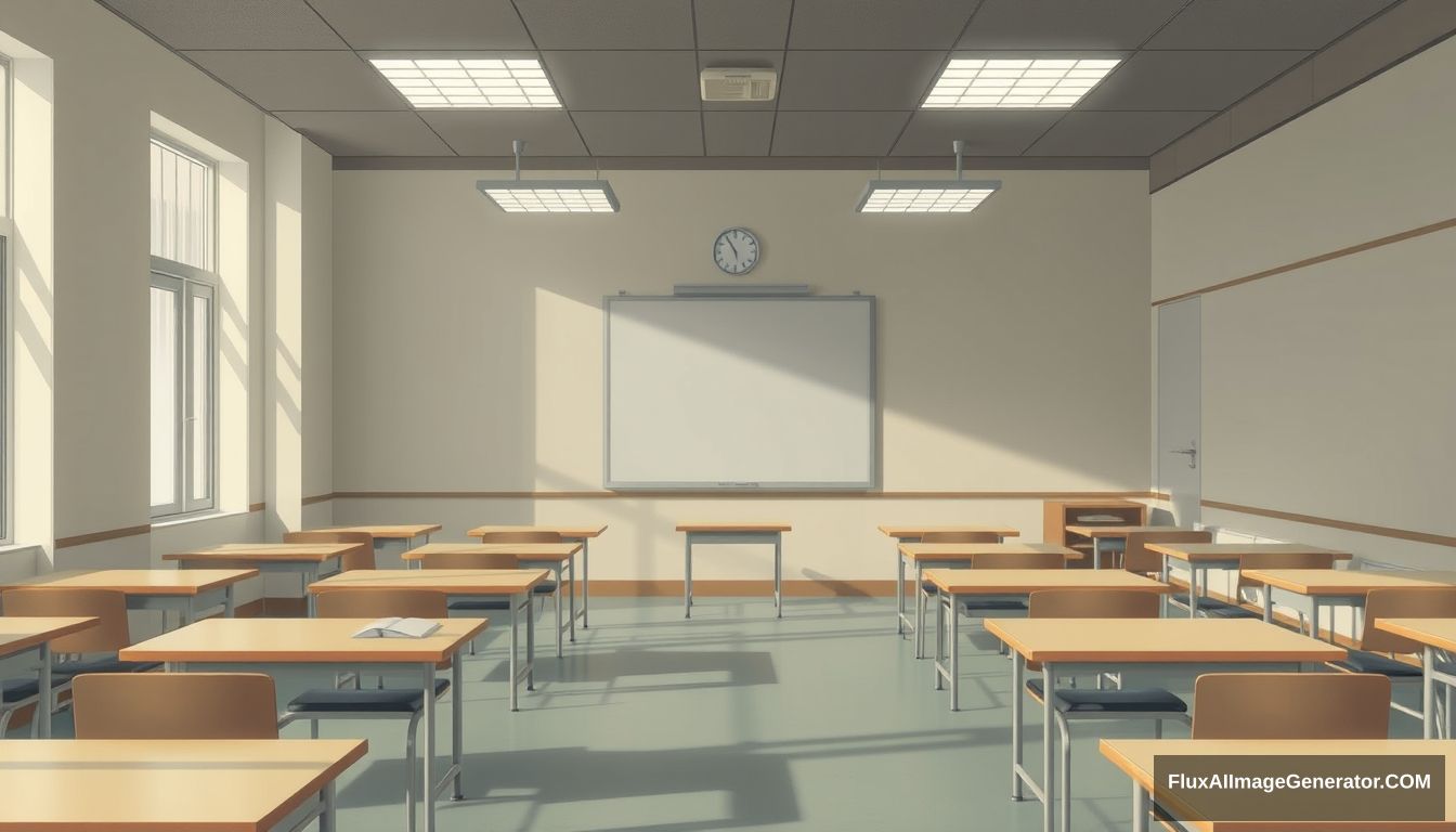 empty classroom, style of Makoto Shinkai The Garden of Words, aesthetically pleasing, muted color scheme --ar 3:2 - Image